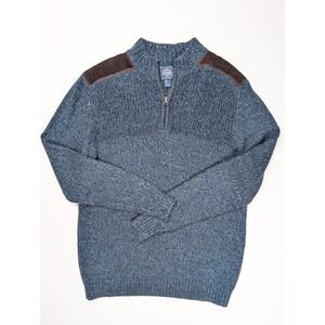 Cambridge Dry Goods Navy Blue‎ 1/4 Zip Brown Shoulder Patch Sweater Men's Size L